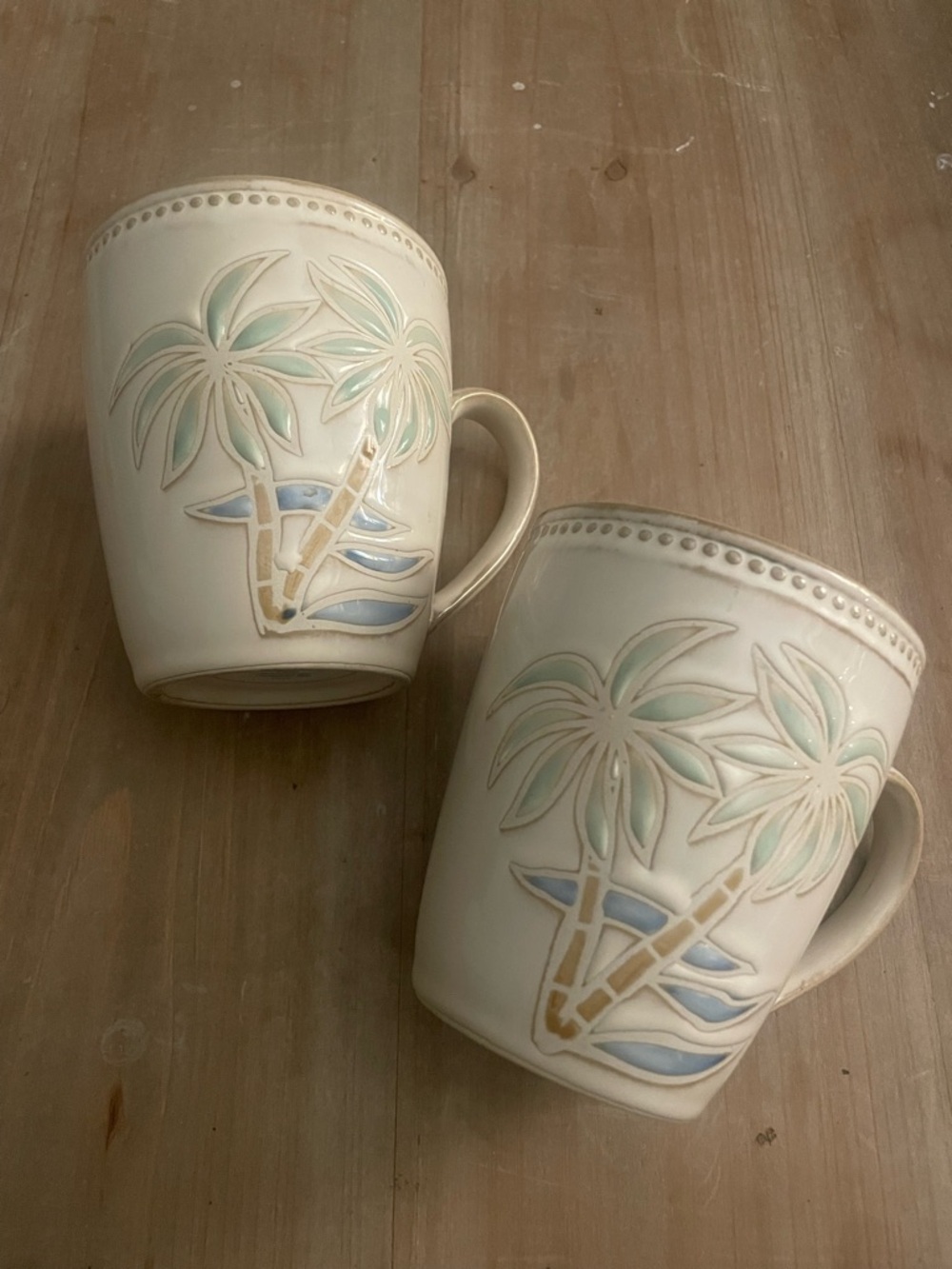Pfaltzgraff Cream Mugs with Palm Tree Motif and Pale Blue & Green Accents
